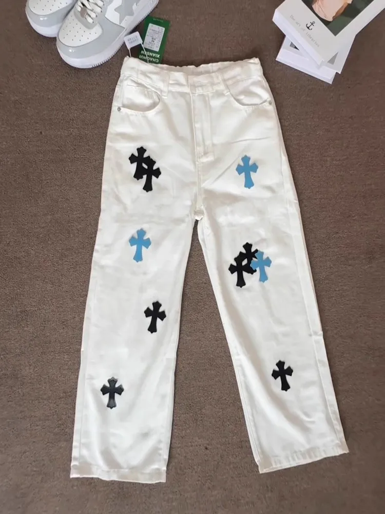 

Белые джинсы с крестом, мужские осенние кожаные брюки с вышивкой, прямые брюки в американском стиле High Street Vibe