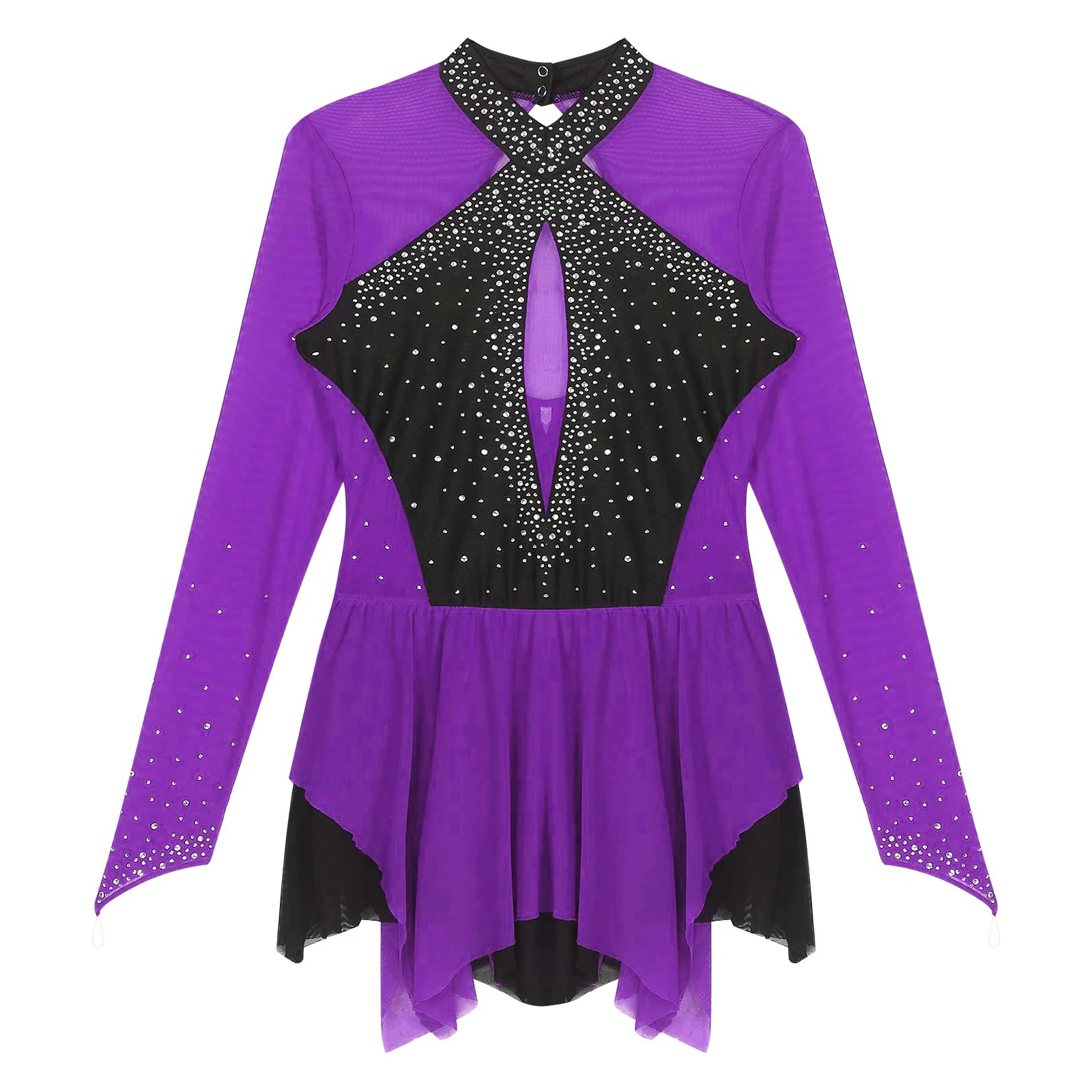 Women Ballet Dance Leotard Figure Skating Gymnastic Acrobatics Stage Performance Costume Long Sleeve Shiny Diamond Bodysuit