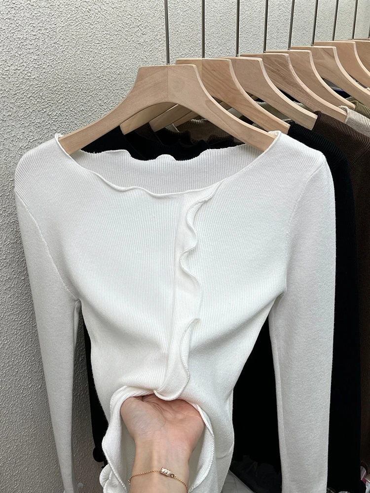 2026 Autumn Winter Unique Ruffled Sweater Women Top Elegant Design Slim Knit Base Pullover Korean Style Stylish Solid Sweater