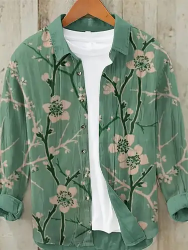 Sakura Japanese Vintage Art Linen Blended Shirt, Casual Polo Collar Cardigan, Button Shirt, Plus Size, Spring, Summer, New - Image 4