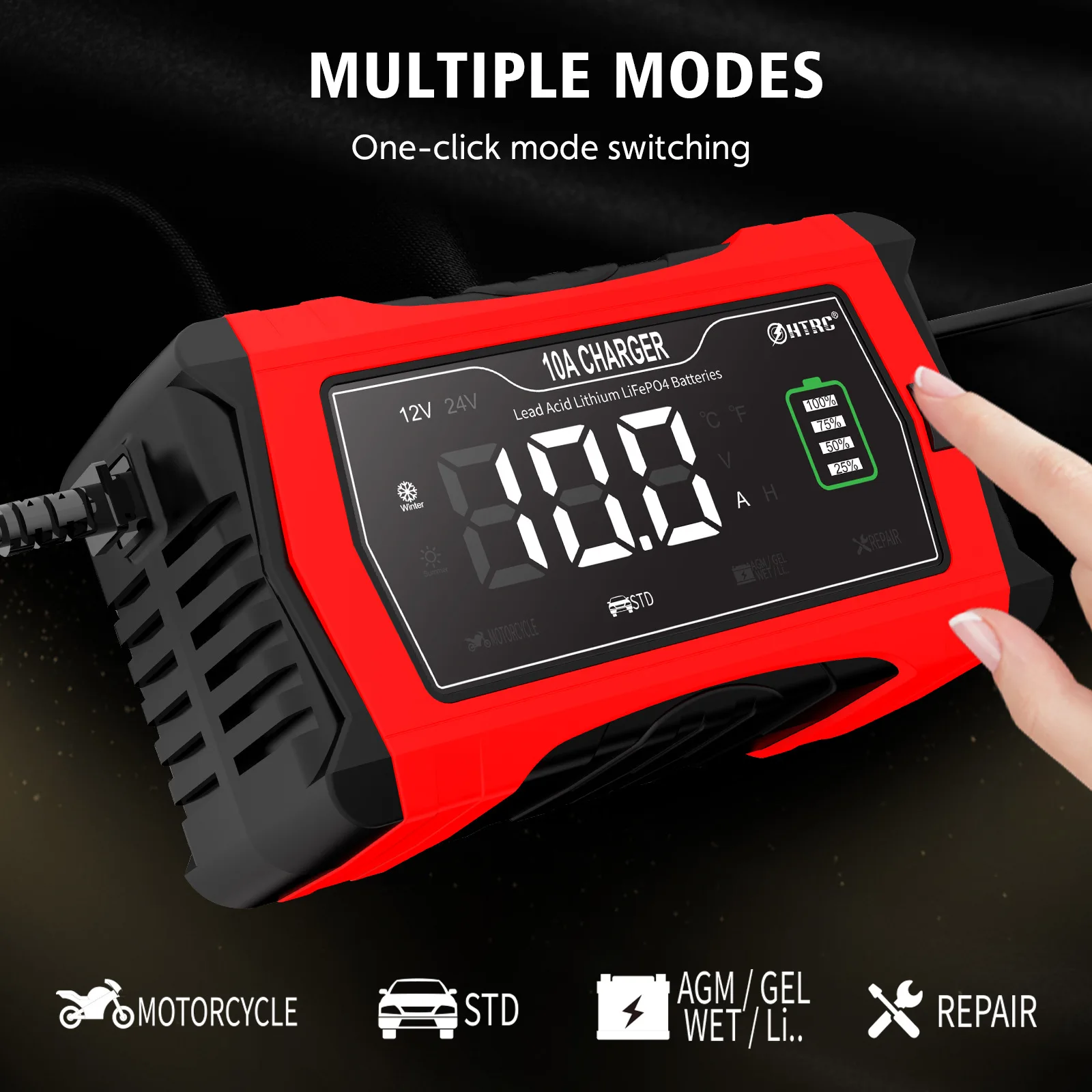 10A Car and Motorcycle Battery Charger 12V 24V Lead-Acid Lithium AGM Smart Repair Charger