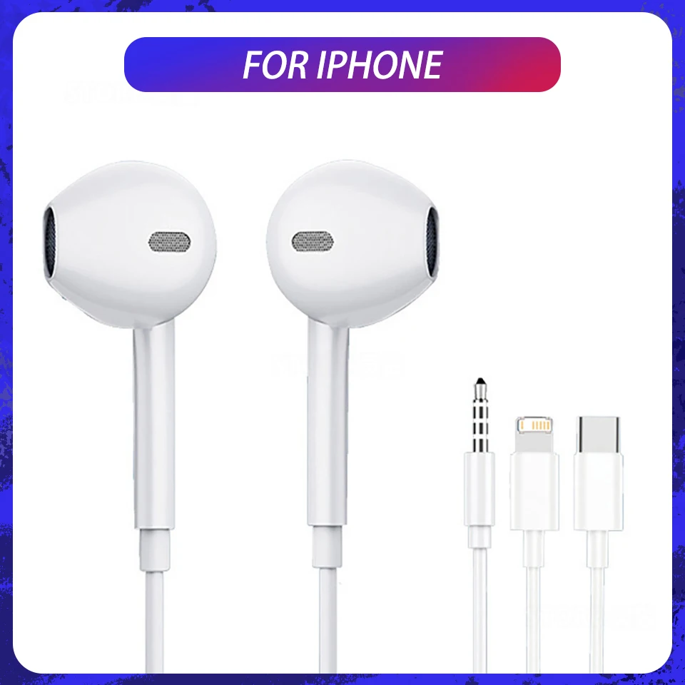 Original Wired Earphones For iPhone 16/15/14/13/12/11 Pro Max 7/8Plus XR/XS/X iPad In-Ear Earbuds Lightning USB-C 3.5mm Earphone — product photo 1 of 1