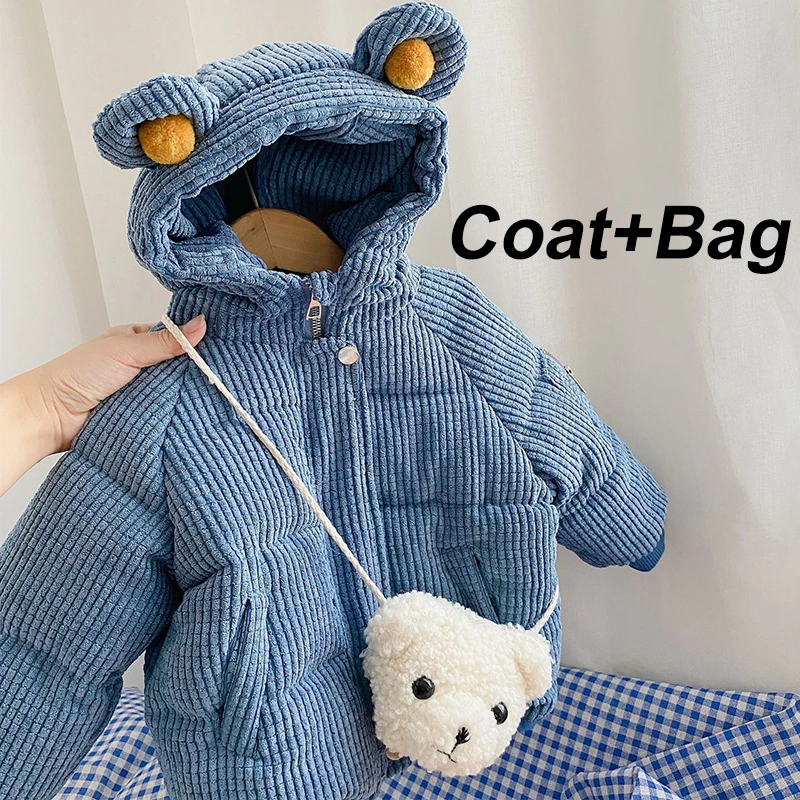 Cute Bear Plush Baby Boys Jacket Autumn Winter Thicken Warm Corduroy Coat For Girls Hooded Ouertwear With Bags Children Clothing