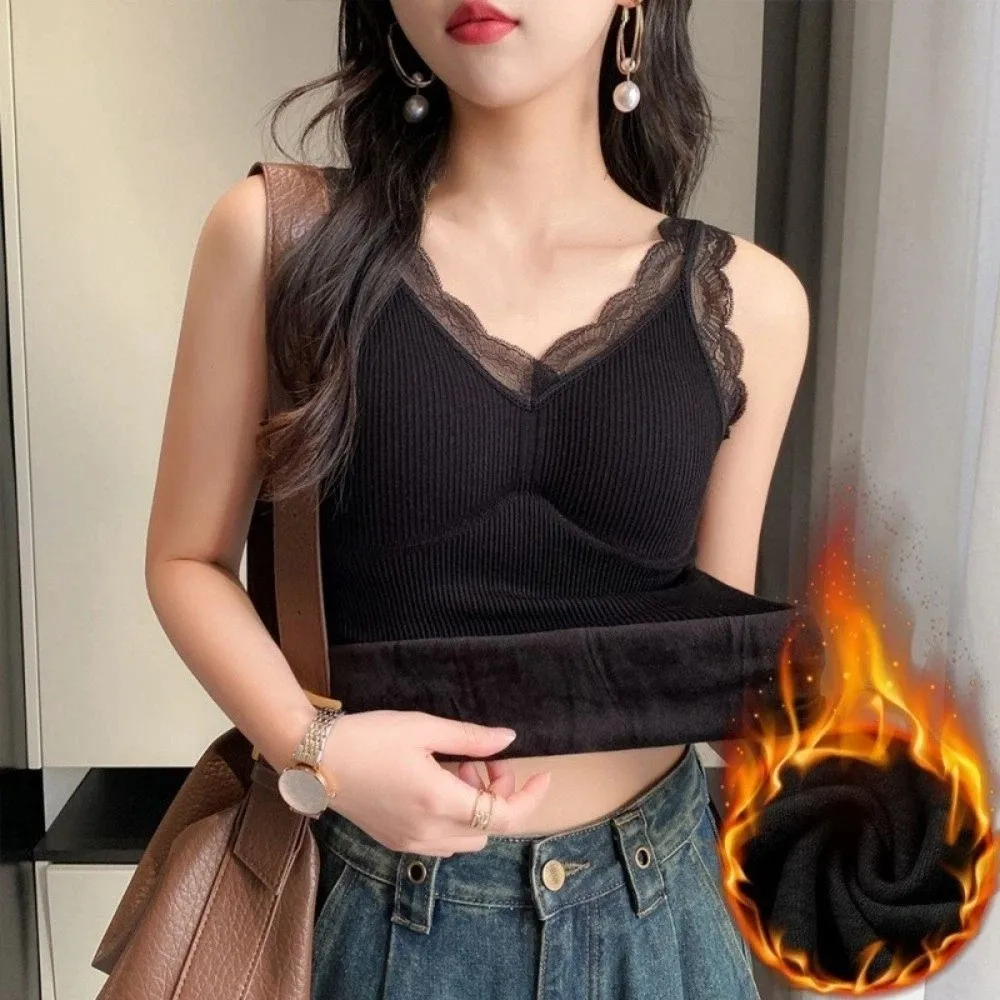 Elasticity Lace Thermal Underwear Sleeveless Thicken Warm Heating Cami Top Seamless Plush Bottoming Camisole Bottoming Clothing