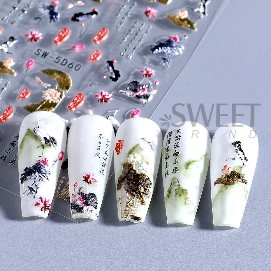 5D لوتس مسمار ملصقات الزهور الصينية الطابع نمط مسمار ملصقات فنية الدانتيل زهرة يترك مسمار المتزلجون DIY بها بنفسك الصيف مانيكير ديكور #5