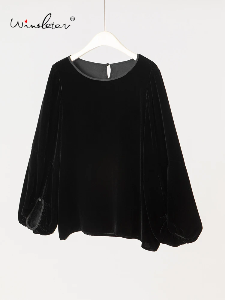 Winsleter-Bottom 100%Real Silk Elegant Velvet T-shirt, Lantern Sleeve O Neck, Woman Retro Casual Loose Top, 2026 Spring T61738CC