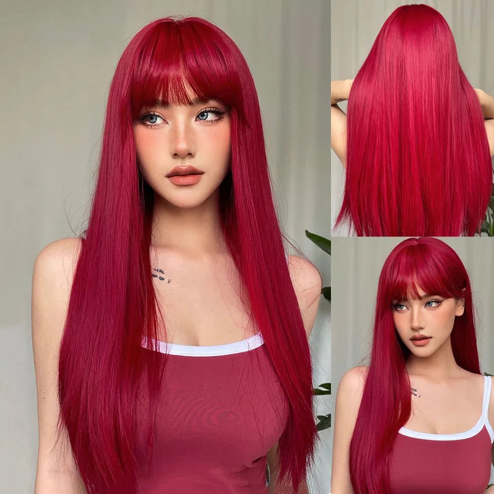 HENRY MARGU Wine Red Long Straight Synthetic Wigs with Bangs for Black Women Cosplay Party Natural Hair Wig Heat Resistant