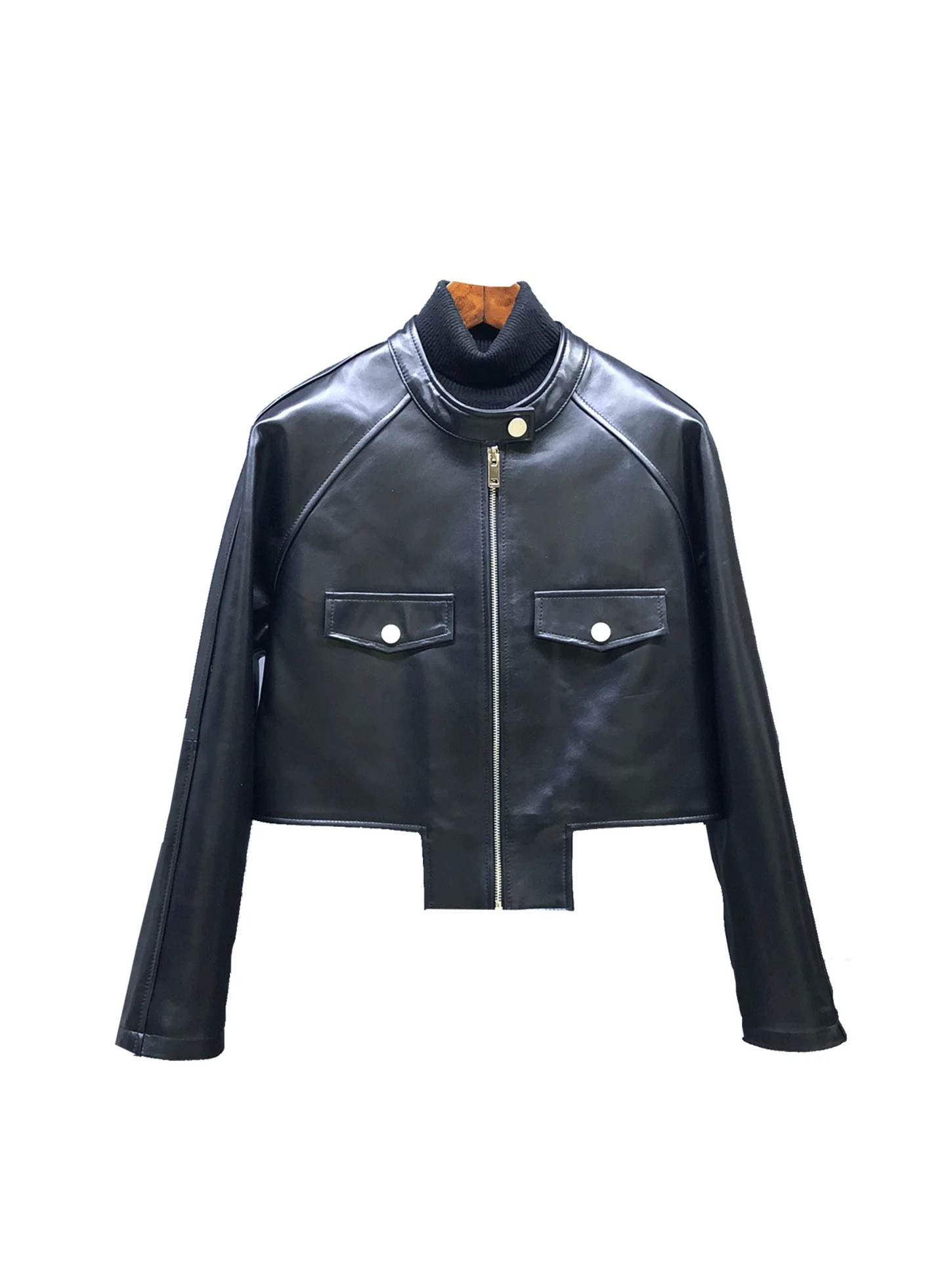 Faionable Retro Lamb Leather Jaet Women's Slimming Motorcycle Sle Stand Collar Long Sve ort Coat Zipper Closure