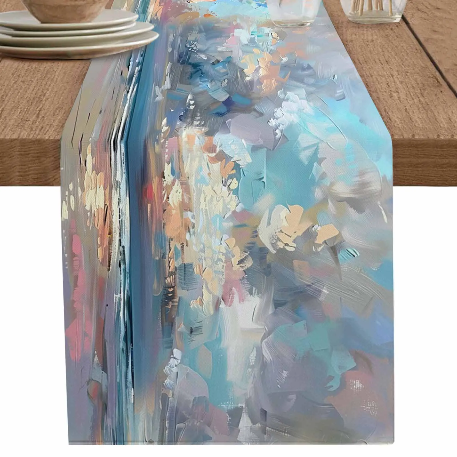 Oil Painting Of Summer Beach Scenery Runner Wedding Decor Table Cover Holiday Party Coffee Table Decoration Tablecloth