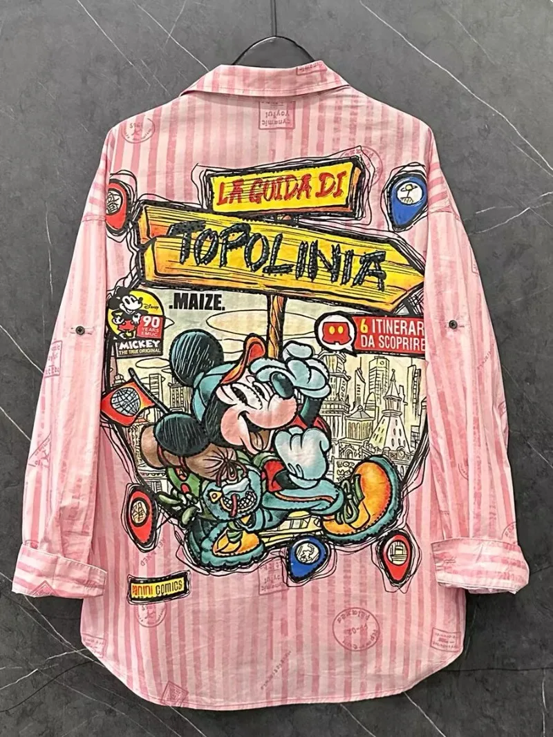 

Весна-лето, новые рубашки с длинными рукавами в розовую полоску с рисунком Микки для женщин, свободная милая студенческая одежда средней длины в стиле каваи