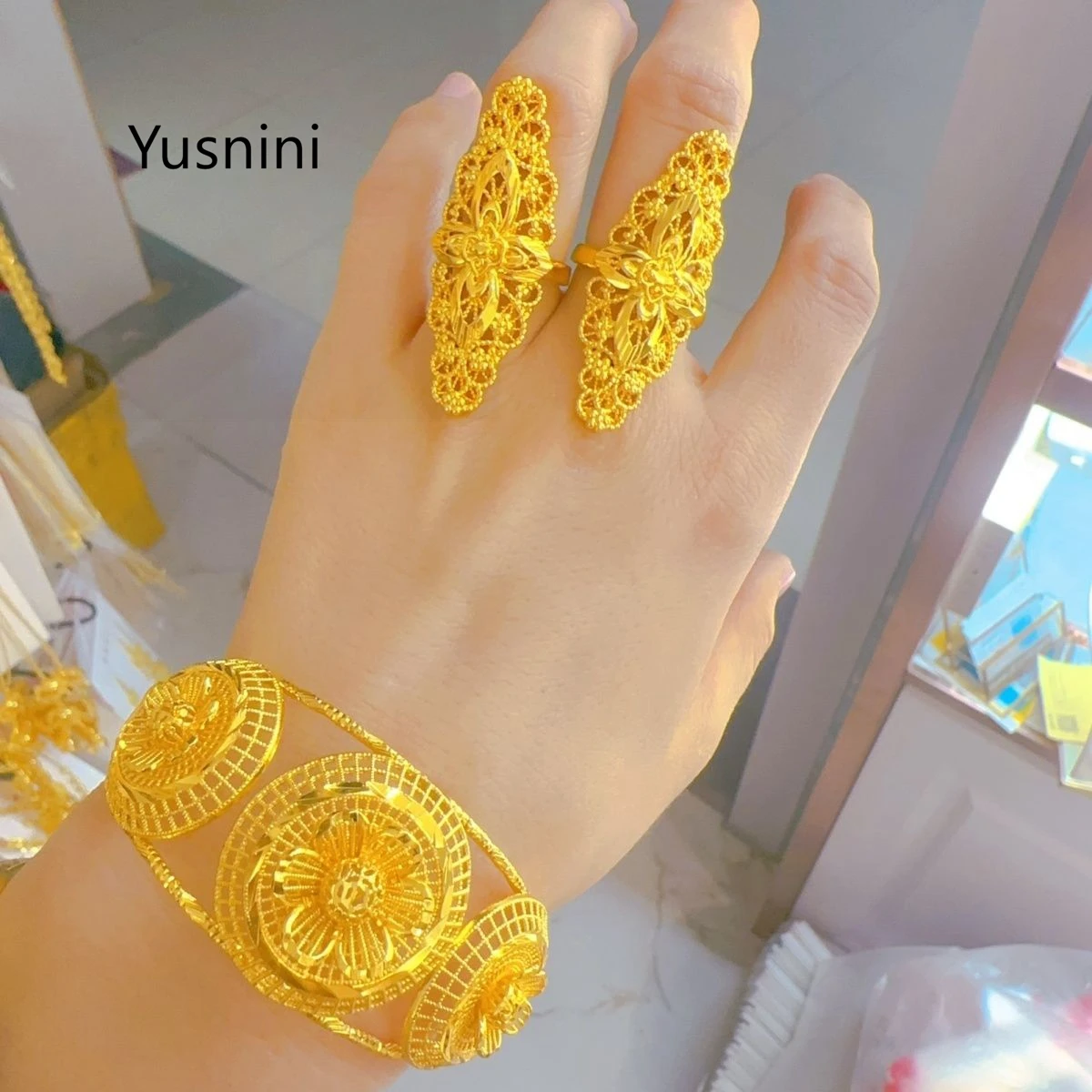 

New French Dubai High-End 24K Gold Plated Bracelet Ring Set for Wedding Engagement Parties to Give to Your Beloved 678
