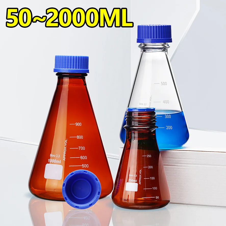 

Screw top Erlenmeyer flask GL25 GL32 GL45 blue cap Conical shaking flask Screw cap glass reagent bottle