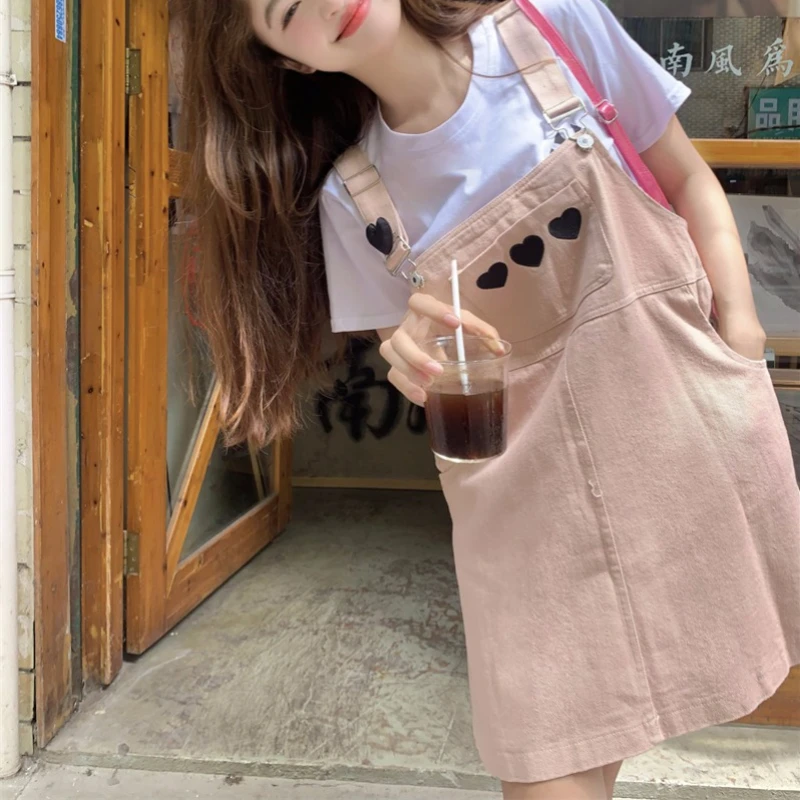 

Summer Female College Students Suspenders-skirt Fashion Embroidery Women Cotton Strap Dress with Pocket Loose Lady Jumper Skirt