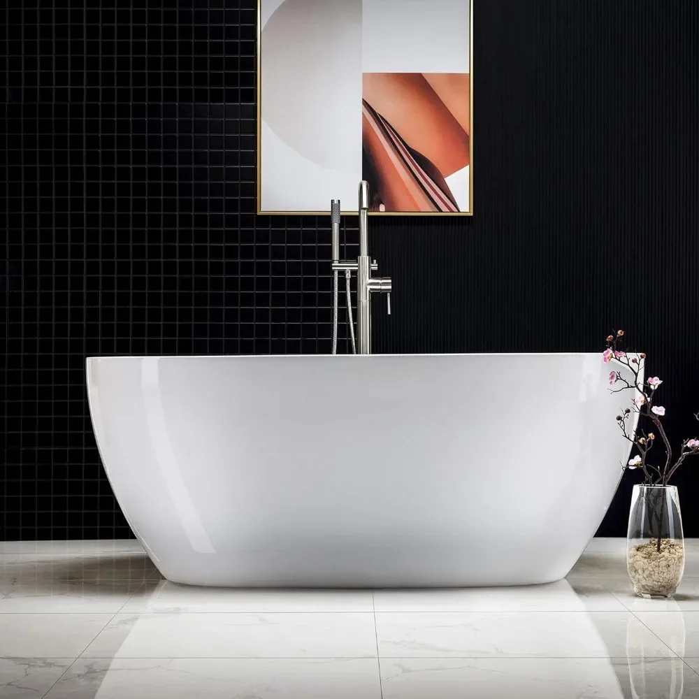 59"Freestanding White Acylic Soaking Bathtub with Brushed Nickel Drain and Overflow,BTA1518 -B/N-Drain &O