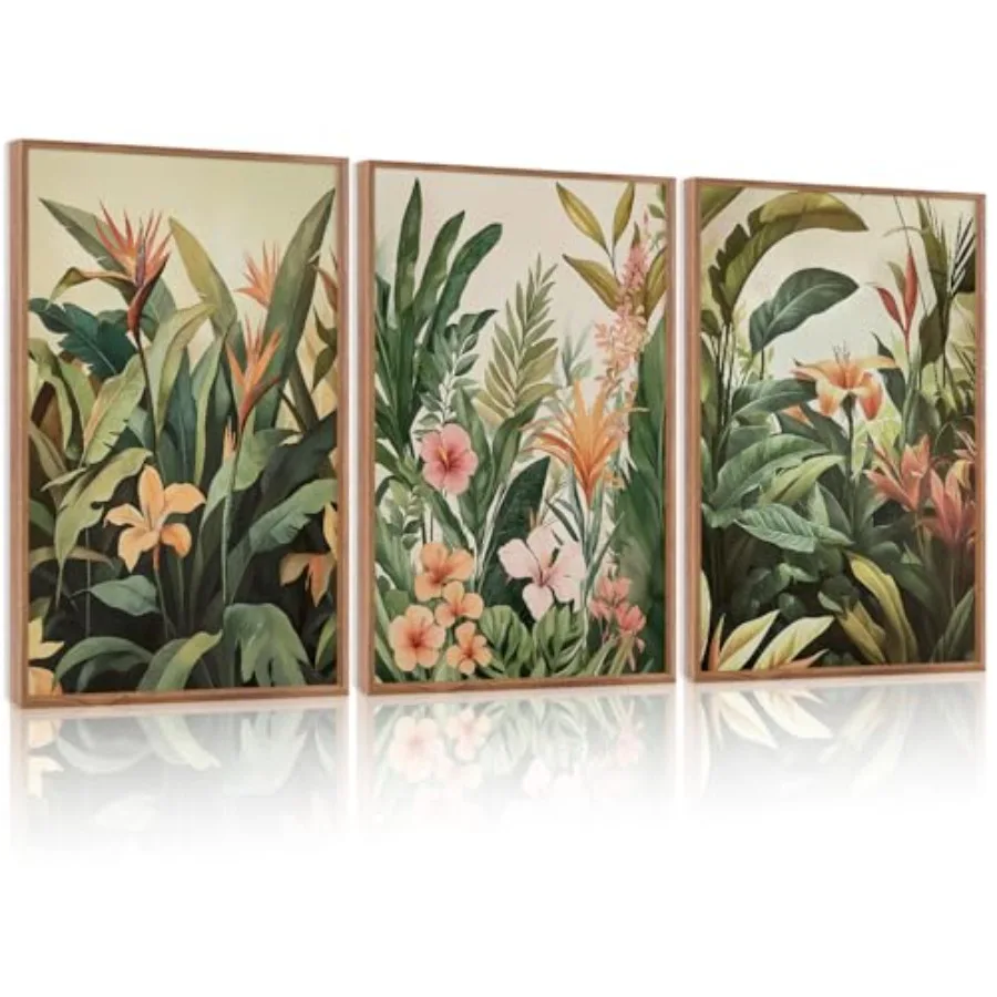 Juego de 3 Cuadros Decorativos en Lienzo con Hojas Tropicales Estilo Boho, 24x36, Pintura Abstracta Moderna de Planta Verde, Hoja de Plátano, para Sala de Estar