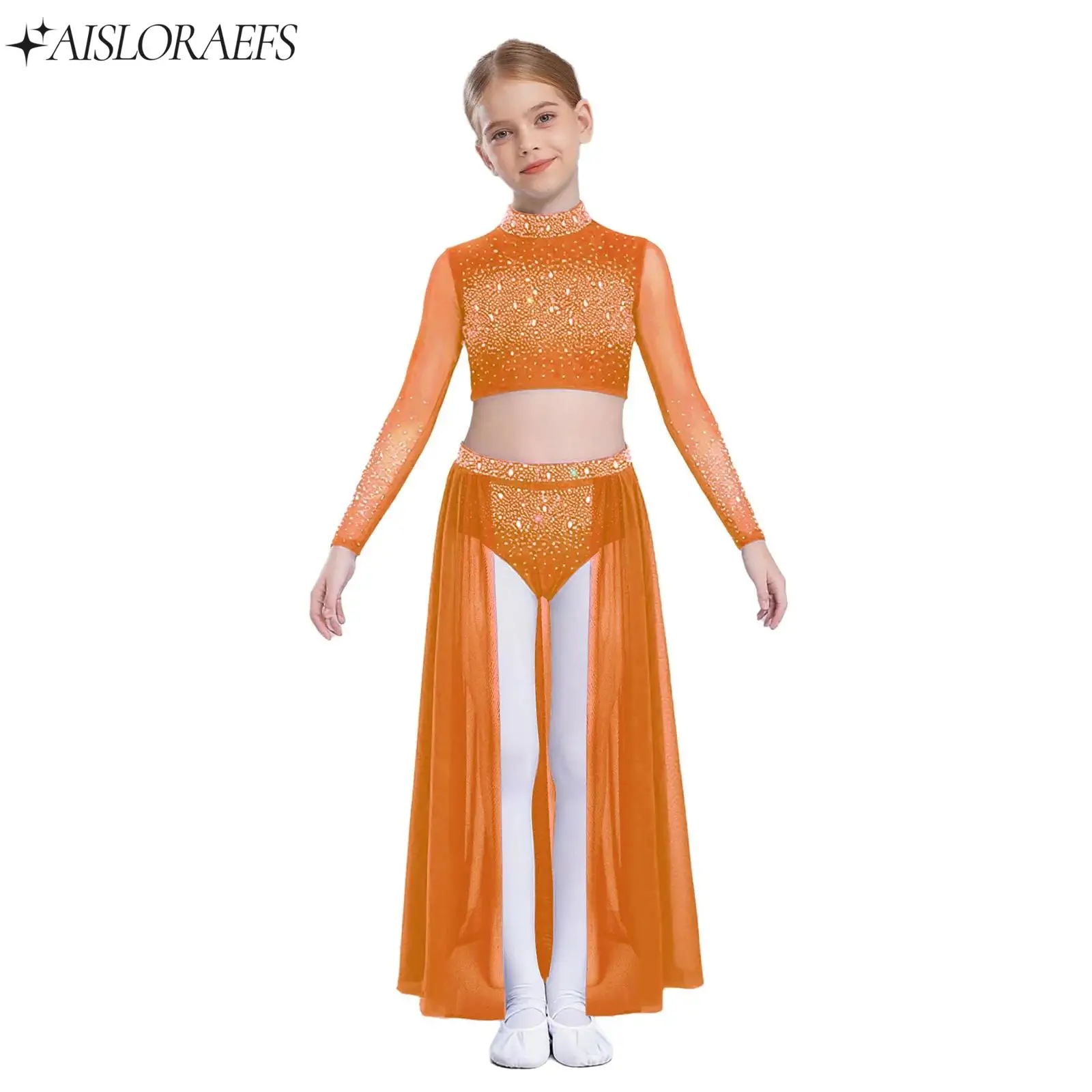

Kids Girls Lyrical Dance Outfits Two Piece Shiny Rhinestones Dancewear Set Long Sleeve Crop Top And Skirt Children Party Clothes