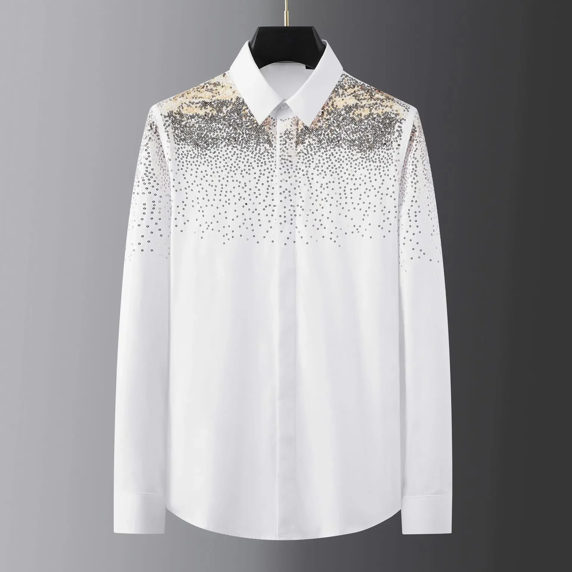 Luxury Golden Sequin Embroidery Shirts Men Long Sleeve Slim Business Formal Dress Shirts Casual Social Party Banquet Tuxedo