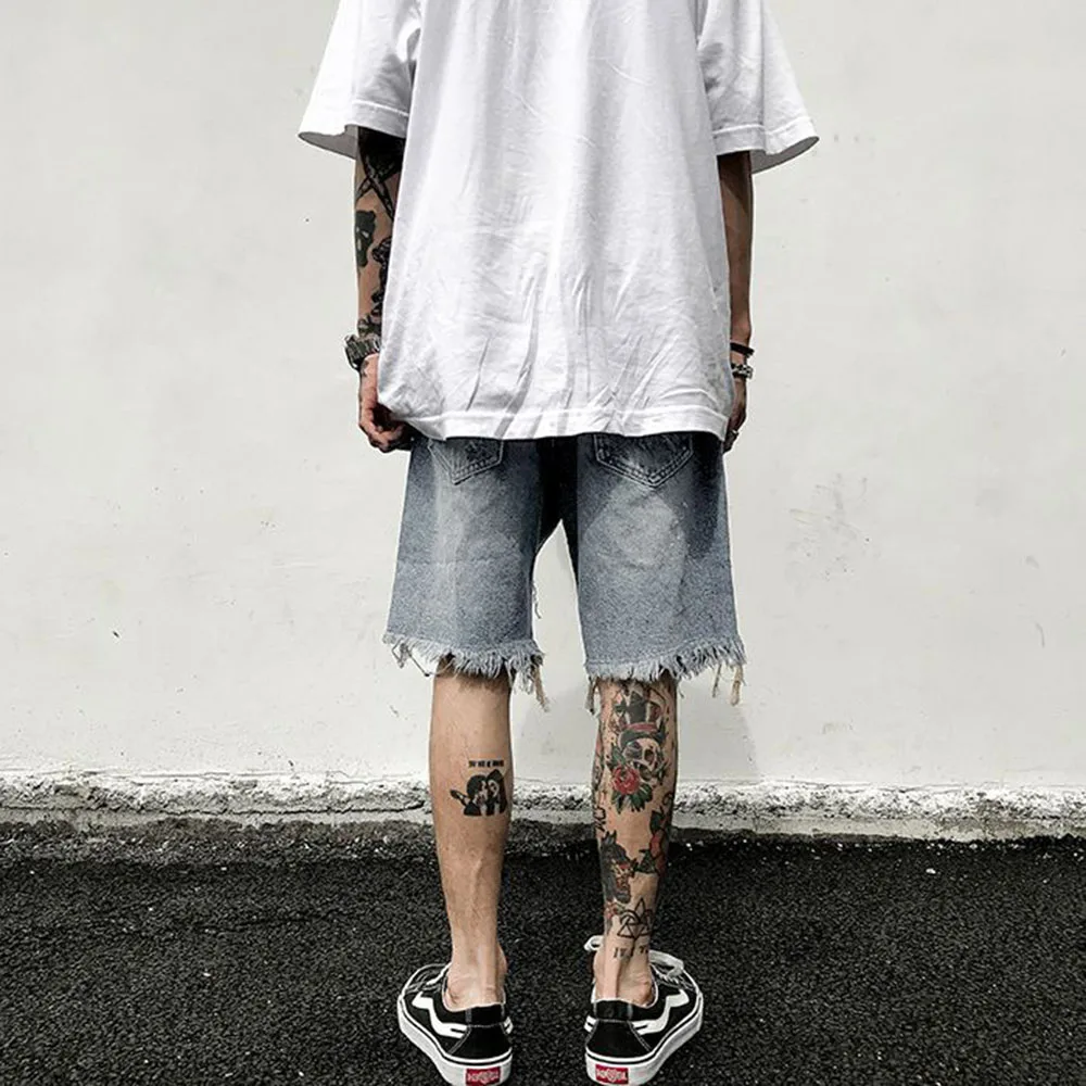 Mens Y2k Unique Shorts 2024 Summer New Fashion Trend Ripped Jeans Loose Large Size Shorts High Quality Old Retro Casual Shorts