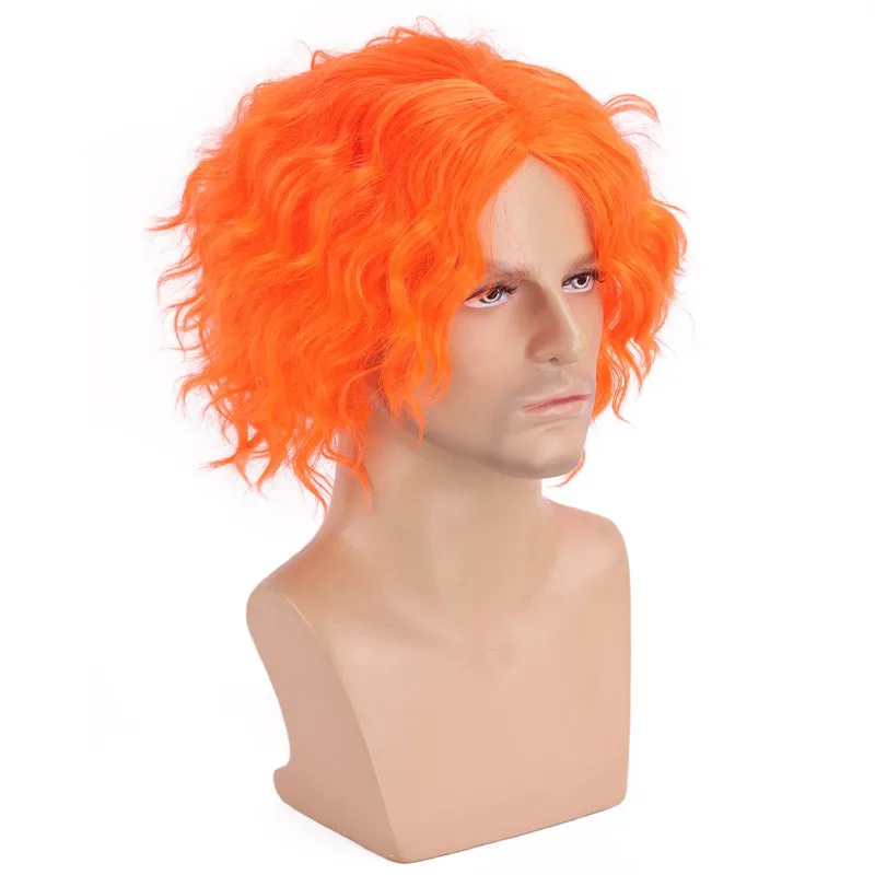 Parrucca cosplay Mad Hatter Copricapo da festa di Halloween Copricapo arancione Capelli corti ricci Film Alice nel paese delle meraviglie Parrucca di piombo maschile