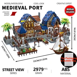Street View Medieval Harbor Building Blocks Medieval Architecture House Assembly Model City Bricks With Lights Toys For Kid Gift