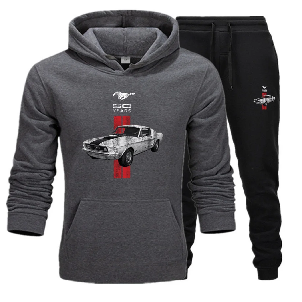 Men 2Pcs Sets Fleece Hoodies And Sweat Pants Set Ford 50 Years Logo Mustang Car Jersey Suit Sportswear Unisex Ensemble