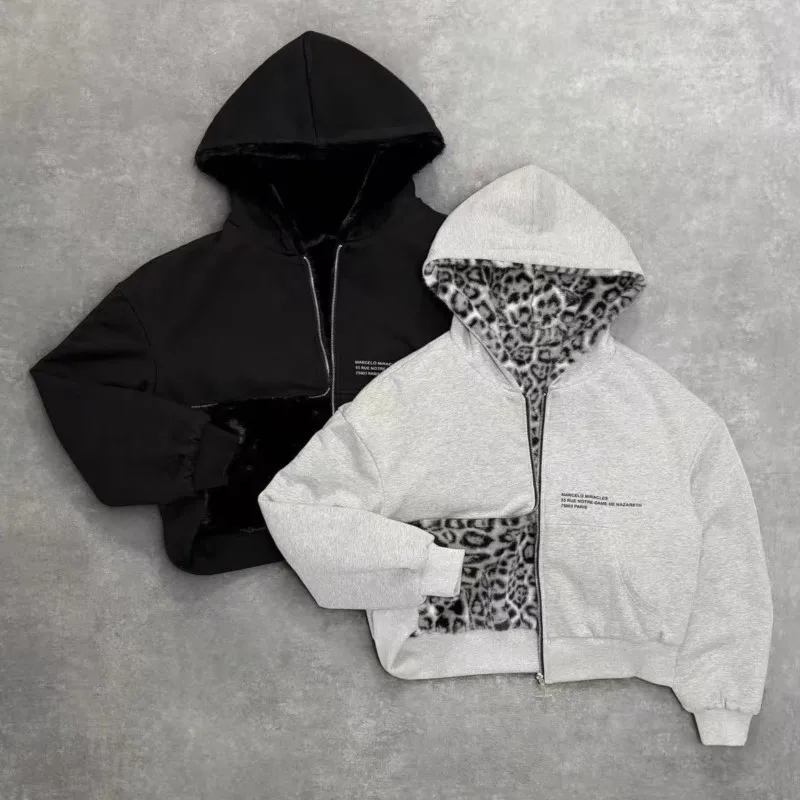 Street Hip-hop Hoodie 2025 Autumn/Winter New Leopard Print Sport Jacket Two-sided Zipper Loose Sweatshirt for Men and Women