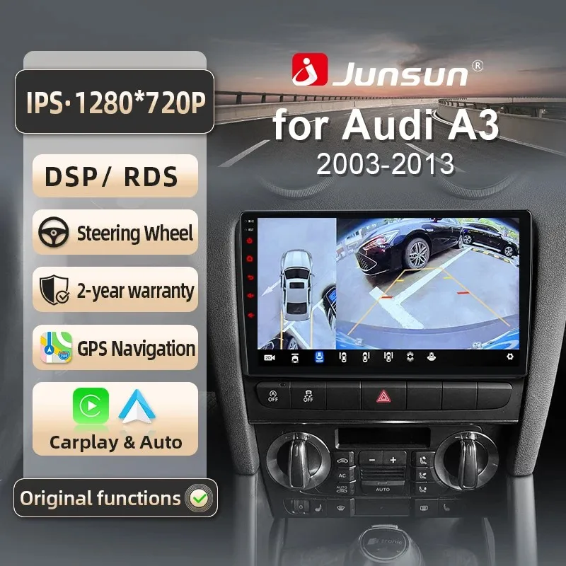 Autoradio Junsun per Audi A3 2003-2013 con CarPlay Wireless, Android Auto, Schermo Smart Car Systems, Accessori Auto, Bluetooth, GPS