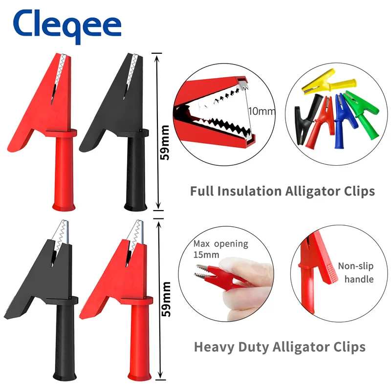 Cleqee P1036 시리즈 절연 악어 클립 세트가있는 듀얼 4mm 바나나 플러그 멀티 미터 테스트 리드 키트, 15 개