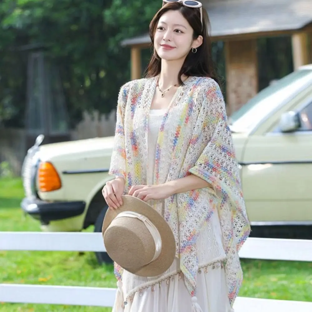 

Fashion Elegant Ethnic Style Tassel Shawl Thin Hollow Sunscreen Crochet Cardigan Retro Colorful Beach Scarf Women