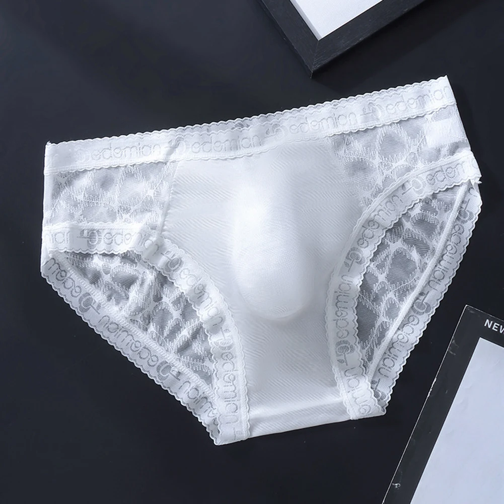 Men Sexy Lace Thin Very Hot Lingerie Seamless Mesh Sheer Ice Silk Briefs 3D Femboy Bulge Pouch Underwear For Man Unisex Panties