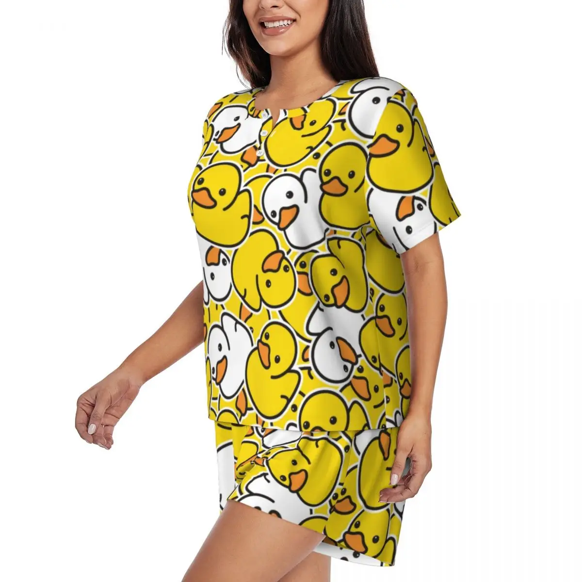 Custom Yellow Cartoon Animal Rubber Duck Pajamas Set Women's 2-Piece Short Sleeve Sleepwear Loungewear PJS Shorts Sets