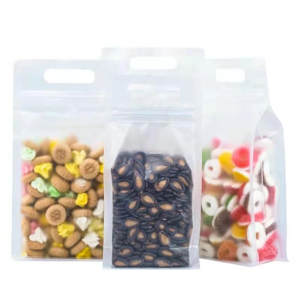 50Pcs/Lot Matte Clear Plastic Zip Lock Stand Up Bag with Handle Self Grip Seal Tear Notch Resealable Doypack Food Bean Pouches