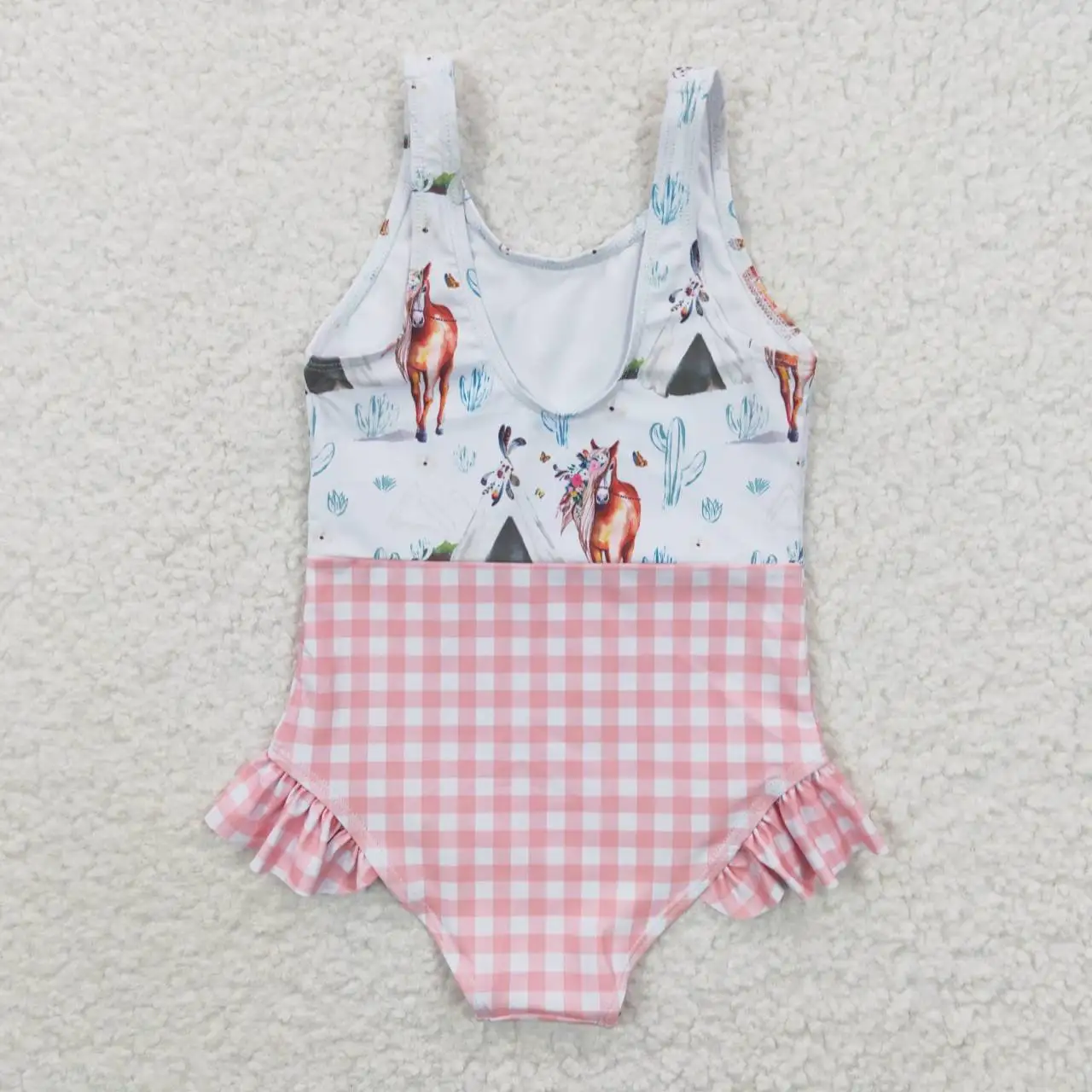 S0118 Western Horse Cacuts White Sleeveless Pink Grids Lining Chest Patch Baby Girls Clothes Jumpsuit swimsuits swimwear kids