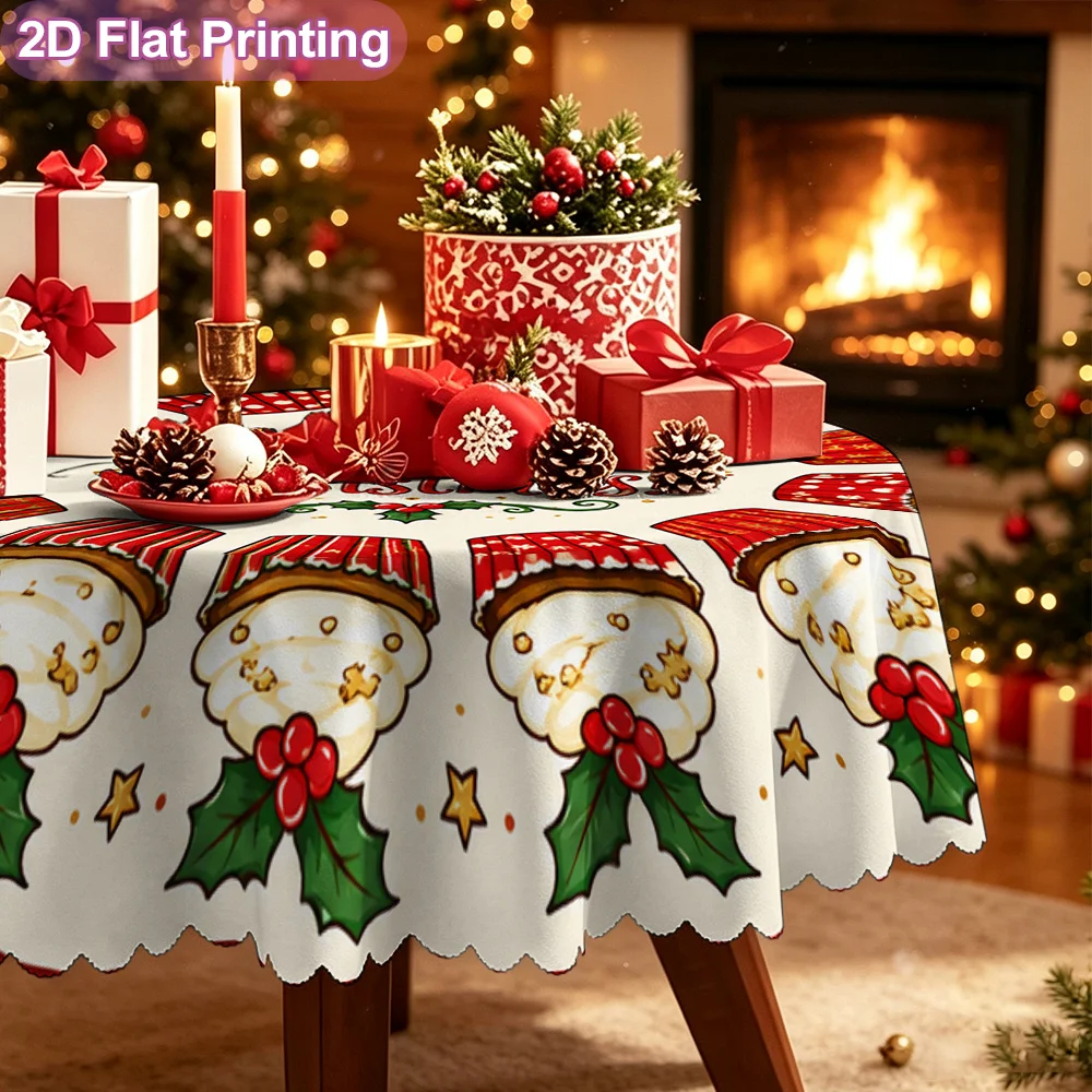 2D flat model, single-piece tablecloth, Merry Christmas cupcake mat, bright pattern, round Christmas tablecloth.