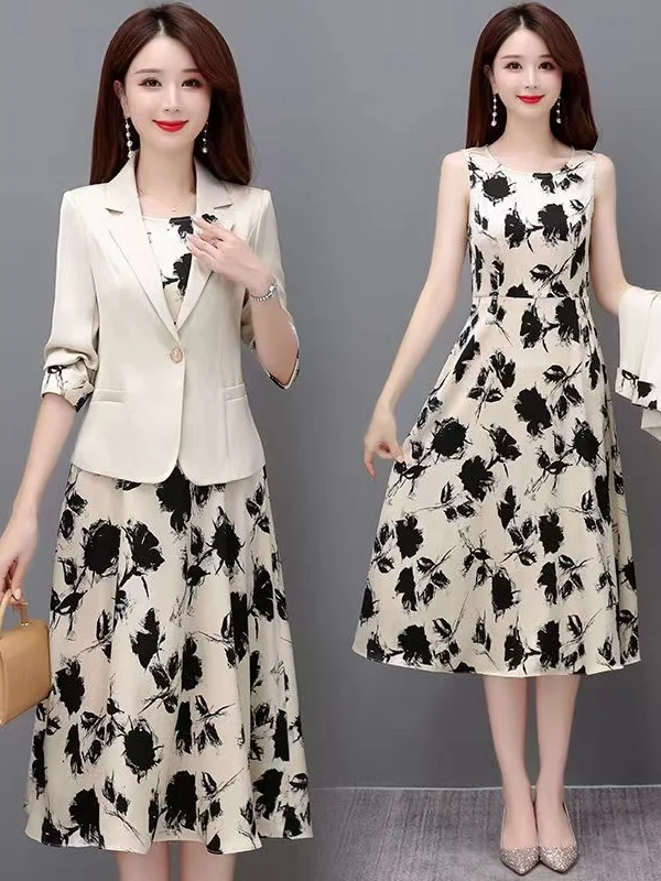 

Original Floral Print Suit Vest Two-Piece Set Spring Autumn Dr Summer New Sle Elegance Slimming Ensemble Polyester Material