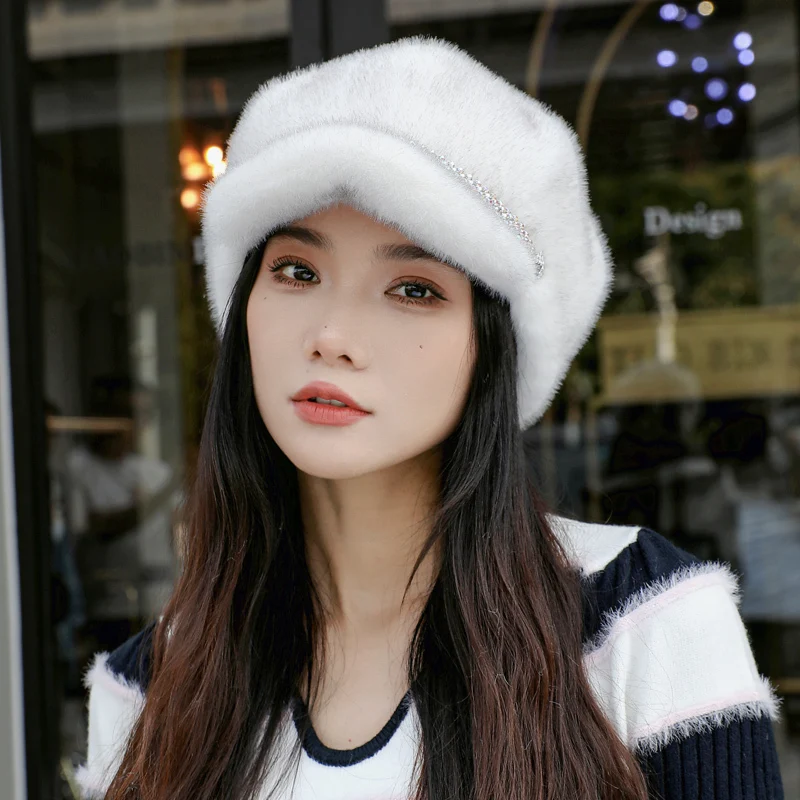 Winter Hat For Women Fashion Faux Fur Fluffy Duck Tongue Hat Female Warm Ear Protection Hats Outdoor Thicken Wind Snow Caps