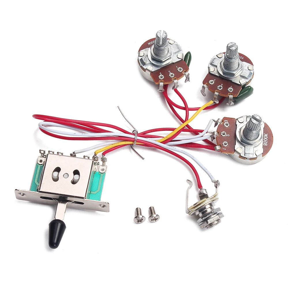 

1 set 1 Set Electric Guitar Wiring Harness Kit 5 Way Toggle 1 Volume 2 Tone Pot Jack 500K 2T1V Durable Metal Components