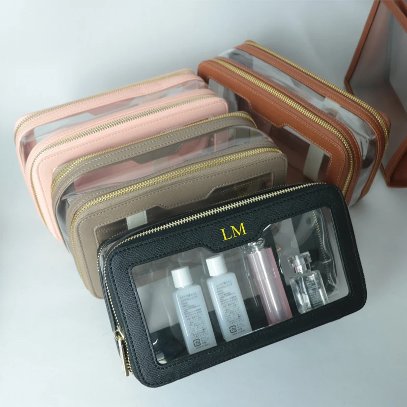 Transparent TPU waterproof travel portable wash bagge genuine leather storage bag double-layer cosmetic bag