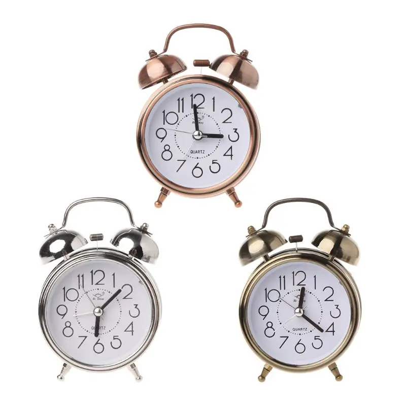Reloj despertador mecánico escritorio Retro, luz doble campana, mesita noche, Metal silencioso