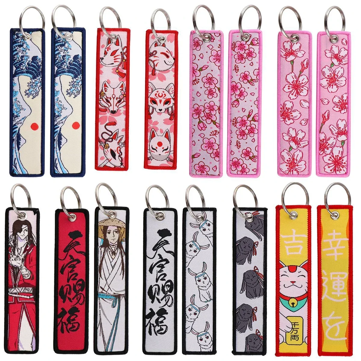 Japanese Waves Art Drawing Embroidery Key Fobs Backpack Key Tags Motorcycles Keychain Keyrings Cosplay Accessories Gift