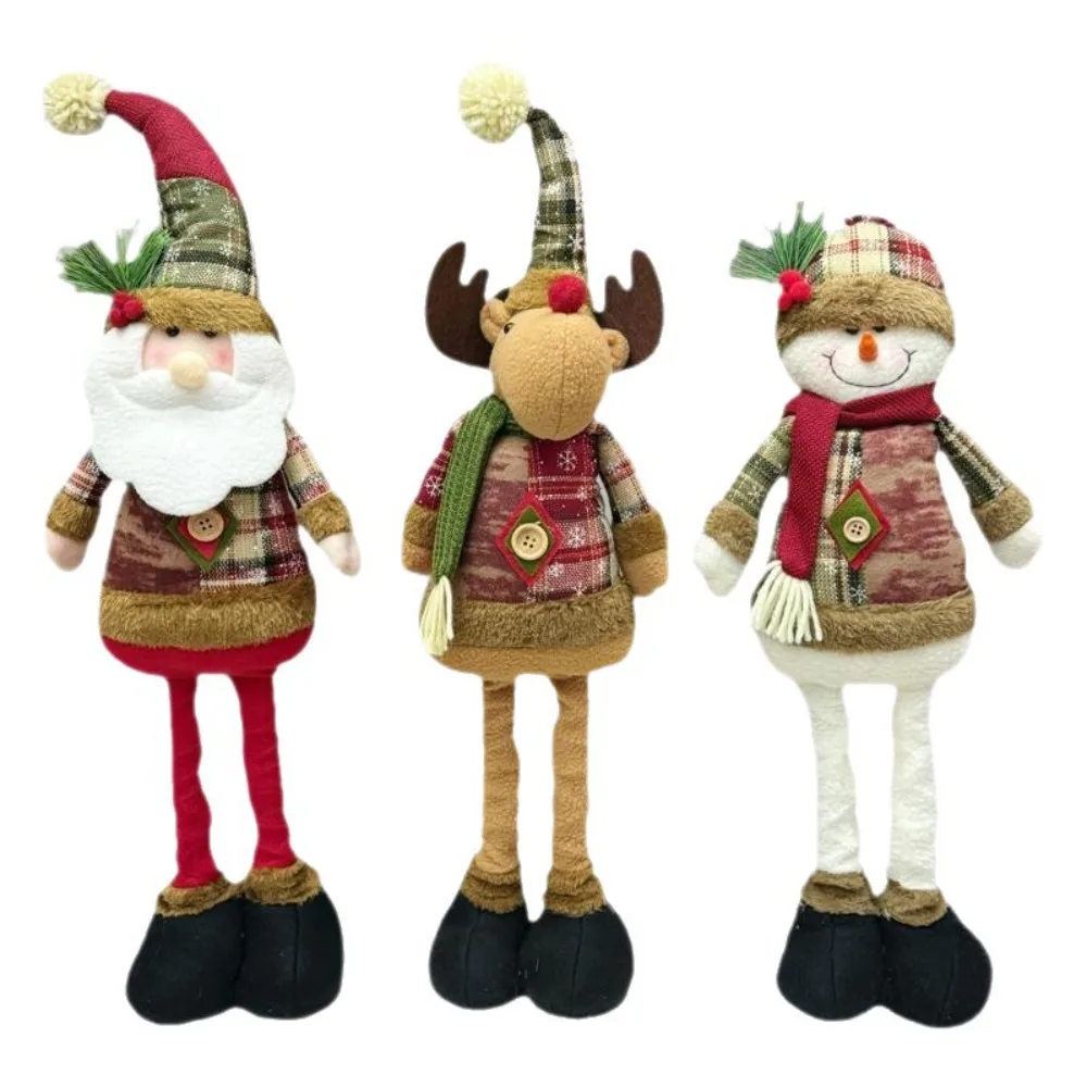 Christmas Telescopic Leg Plush Doll Set Snowman Camel Standing Like Grid Cloth Christmas Table Window Home Vacation Decoration