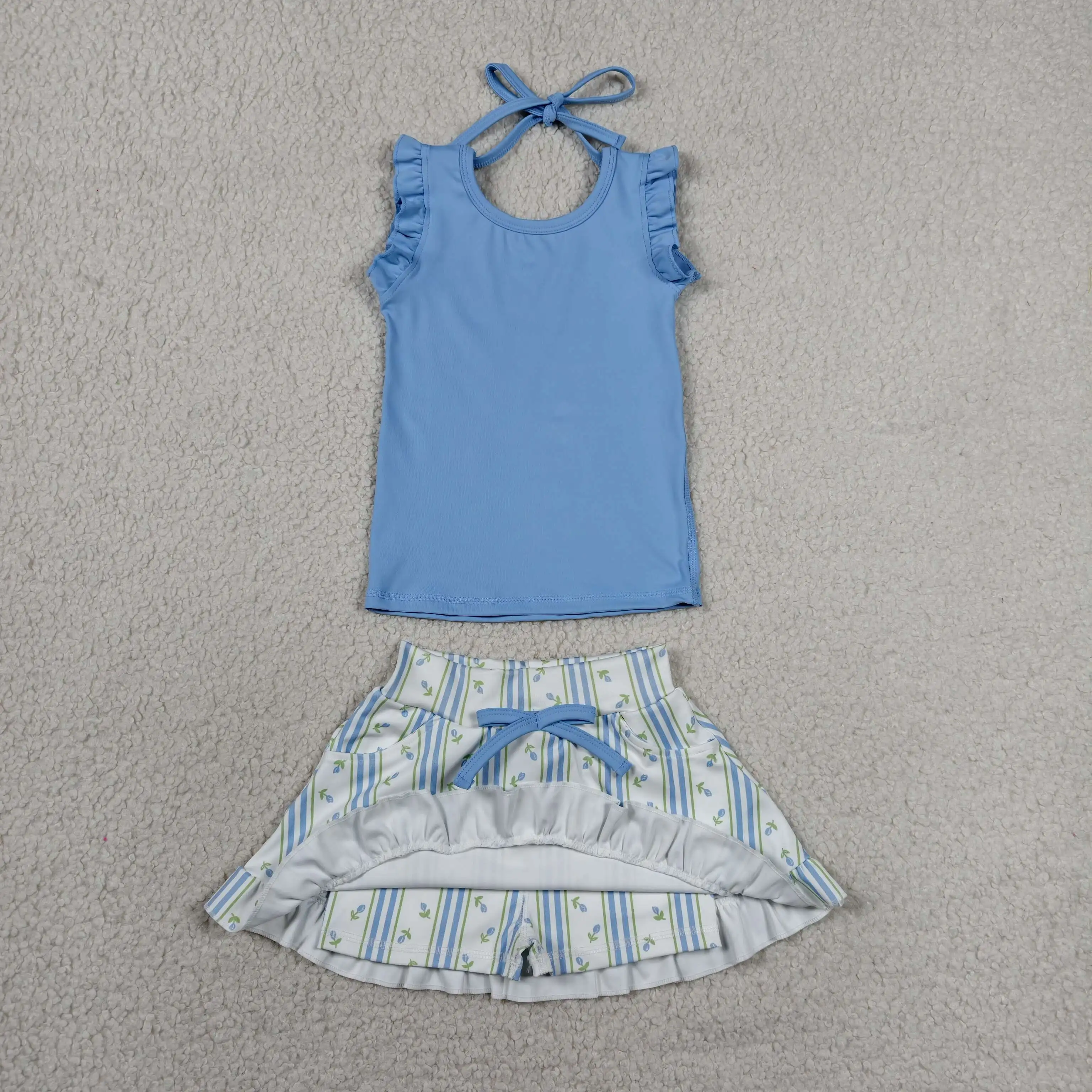 Wholesale Baby Girl Yoga Active Blue Clothing Toddler Shirt Floral Pockets Skirt Shorts Kids Skort Set Athletic Summer Clothes