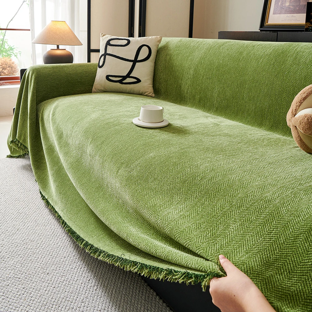 Couch Cover Luxurious Chenille Sofa Covers with Elegant Fringe Herringbone Texture Heavyweight Cozy Blanket for Couch Bed Decor