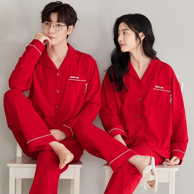 Cotton Red Color Sleepwear for Couples Sweet Cardigan Pajamas Set for Men and Women Matching Loungewear pyjama homme feminino