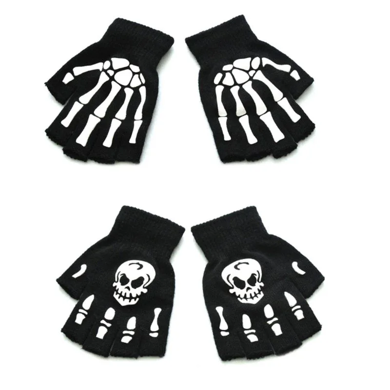 Adult Kids Halloween Skeleton Skull Half Finger Luminous Gloves Winter Skull Fingerless Mitten for Event Party Festive Cycling