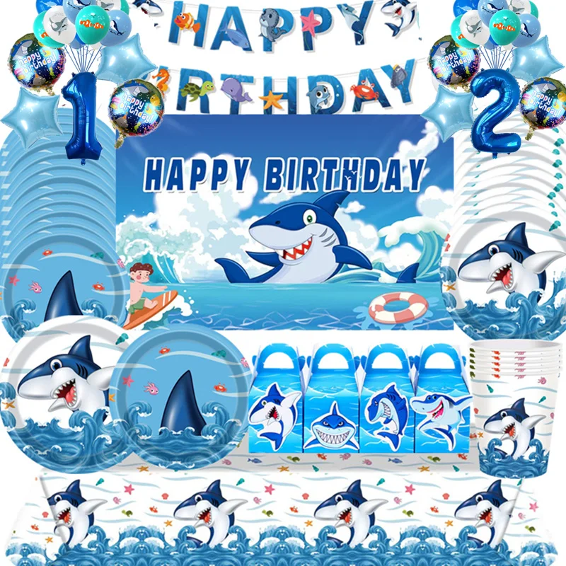 Conjunto de utensílios de mesa para festa de tubarão, oceano azul, para meninos, aniversário, chá de bebê, copo, toalha de mesa, banner, balão, decoração de festa