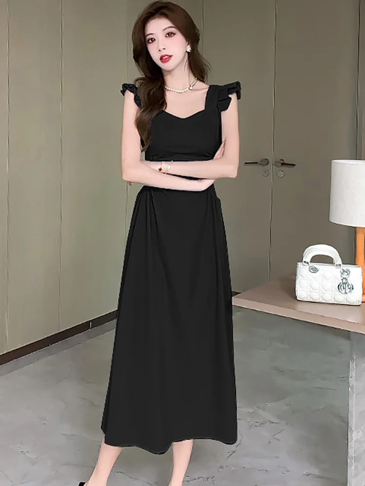 2025 azul chique babados manga voadora midi vestido de verão elegante plissado bodycon gola quadrada vestido feminino coreano vestidos de férias