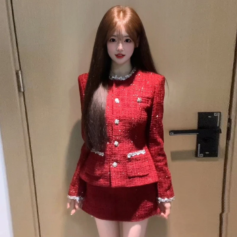 

Red Atmosphere Winter Set High Waist Short Skirt Jacket Two-Piece Suit Elegant French Style Long Sleeve round Neck Button