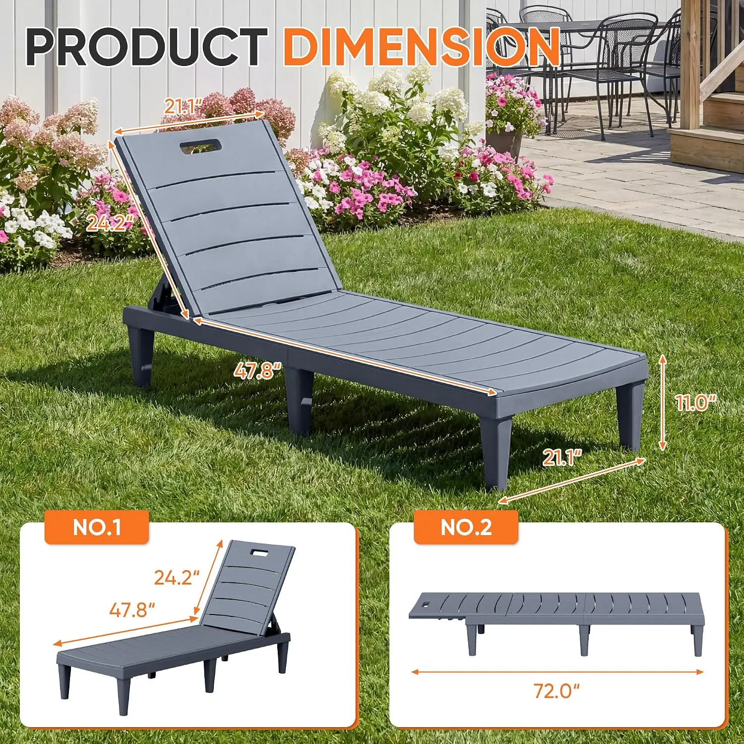 Outdoor Patio Chaise Lounge Set 2, Lightweight 5-Position Adjustable Backrest for Pool Garden Beach, Gray, Customized