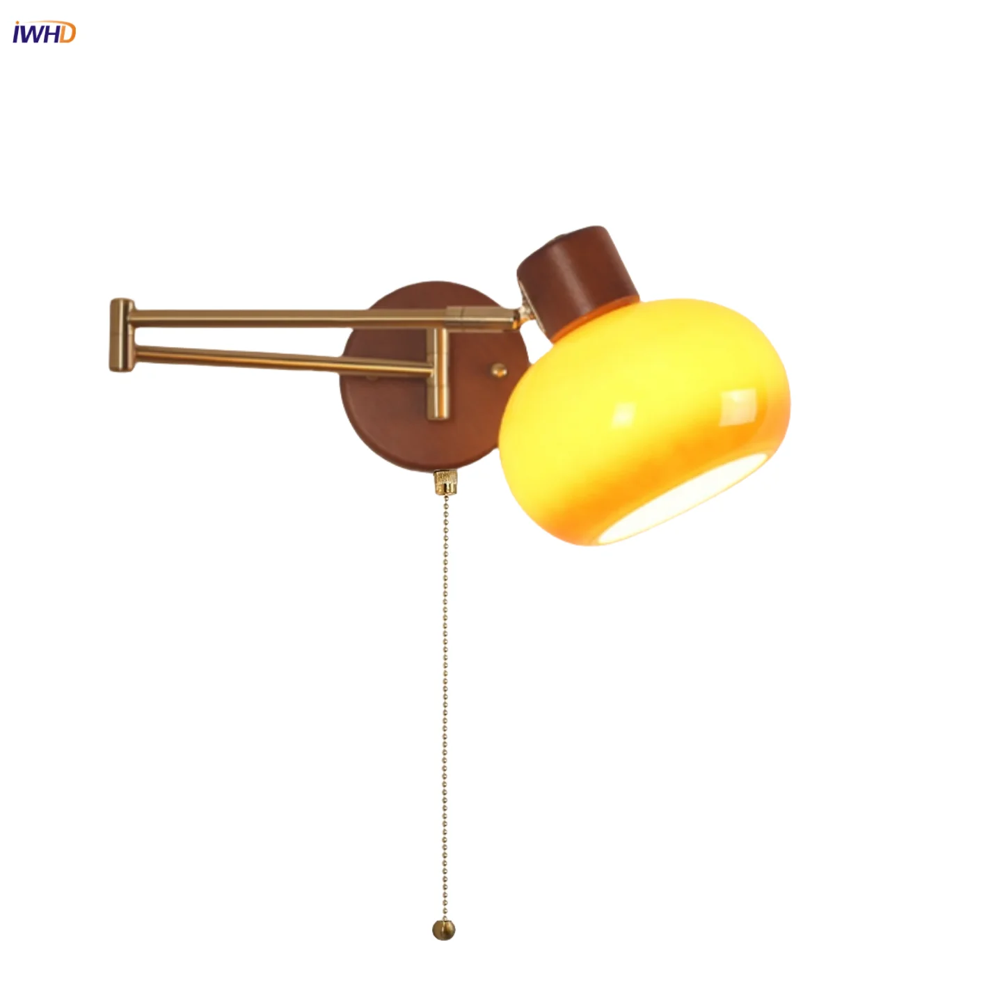

IWHD Pull Chain Switch LED Wall Lights Up Down Left Right Rotate Study Bar Hotel Nordic Modern Glass Swimg Arm Wood Bedside Lamp